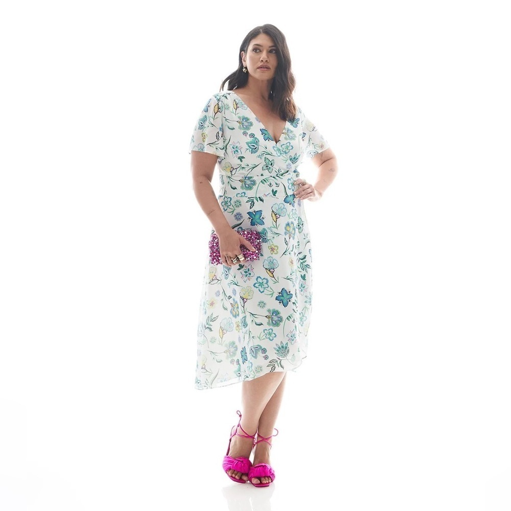 Addition Elle Responsible, Floral Asymmetrical Wrap Midi Dress Size 18 NWOT